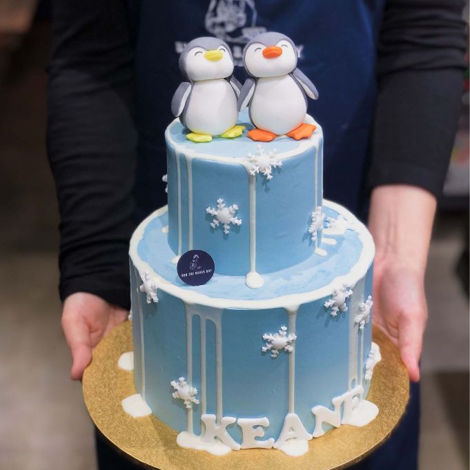 Frosty Twin Penguins Cake with Snowflakes